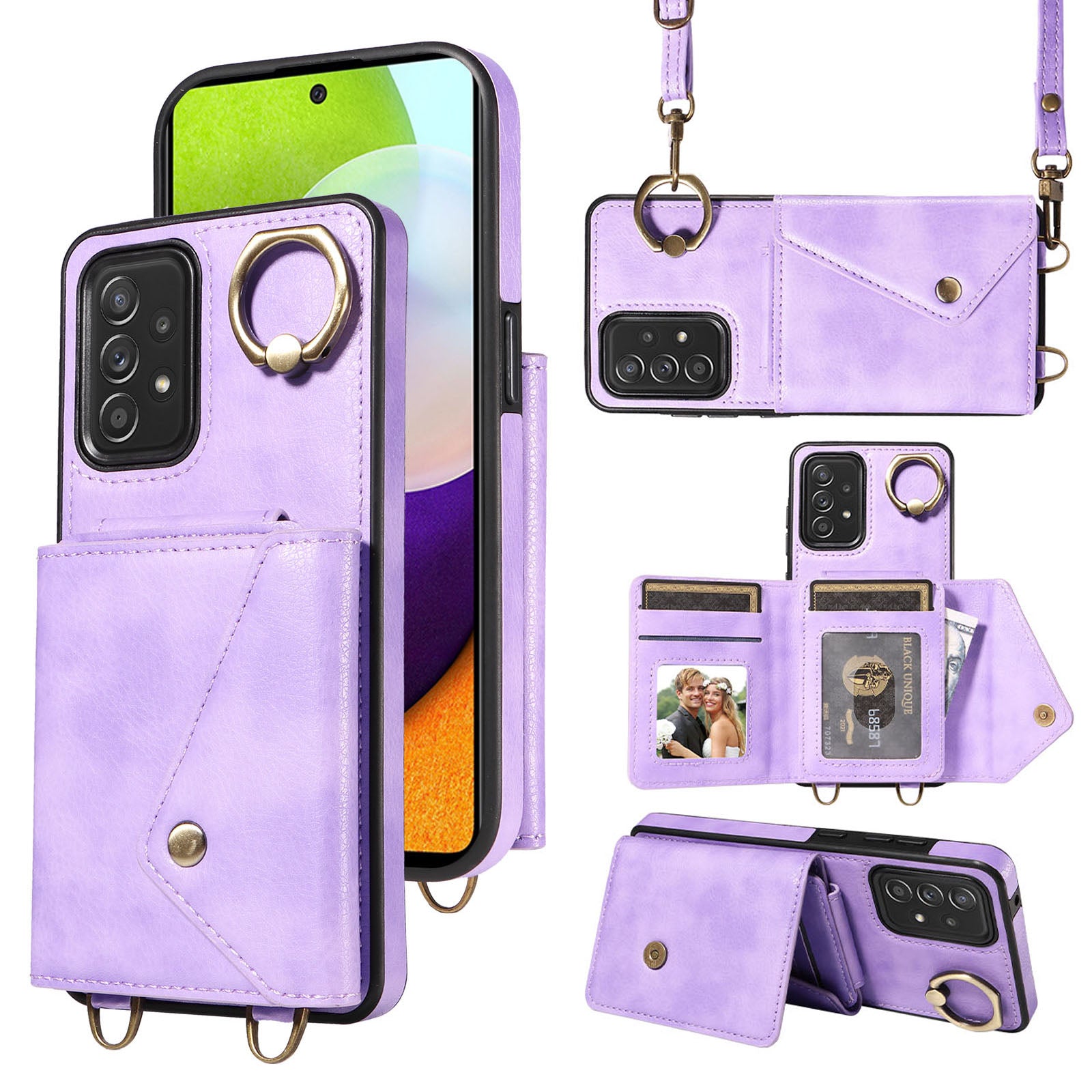 002 For Samsung Galaxy A52 4G A52 5G A52s 5G Card Bag Ring Kickstand Anti-drop Cover Litchi Texture Leather Coated TPU Phone Case with Shoulder Strap 002 For Samsung Galaxy A52 4G A52 5G A52s 5G Card Bag Ring Kickstand Anti-drop Cover Litchi Texture Leather Coated TPU Phone Case with Shoulder Strap